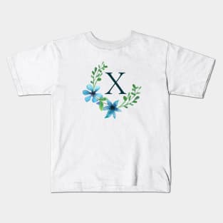 Floral Monogram X Pretty Blue Flowers Kids T-Shirt